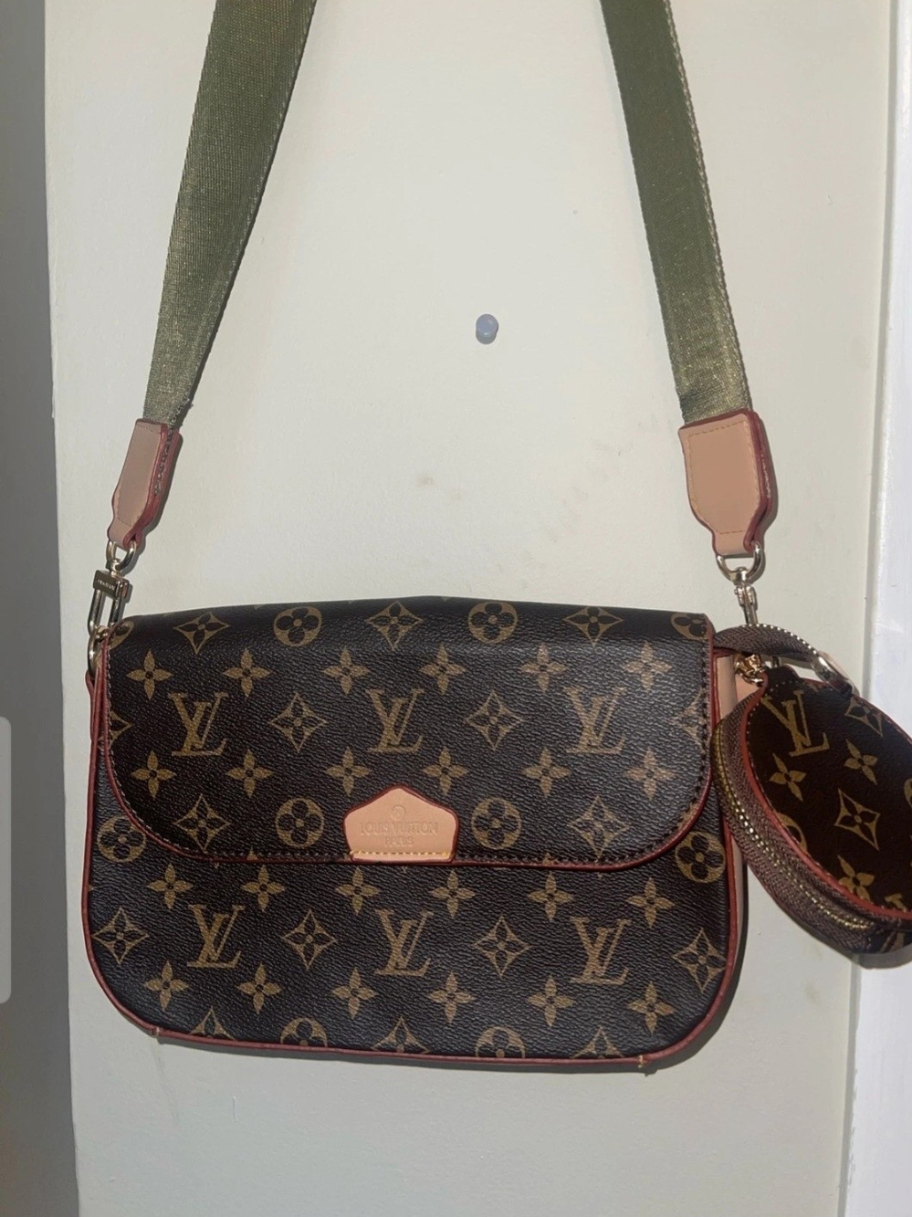 L.v.Monogram Canvas Crossbody with Olive Strap and Pink Trim